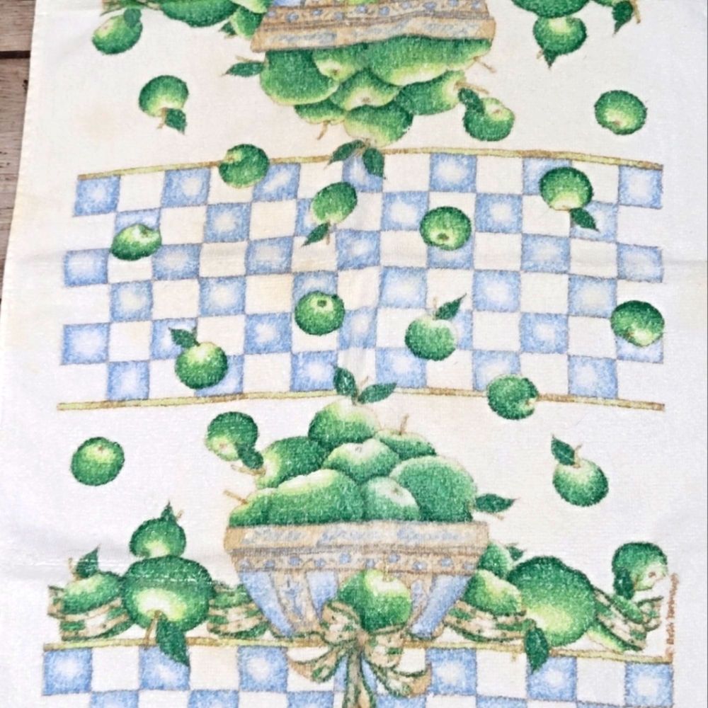 Vintage green apples in a bowl check pattern terry cloth kitchen towels READ